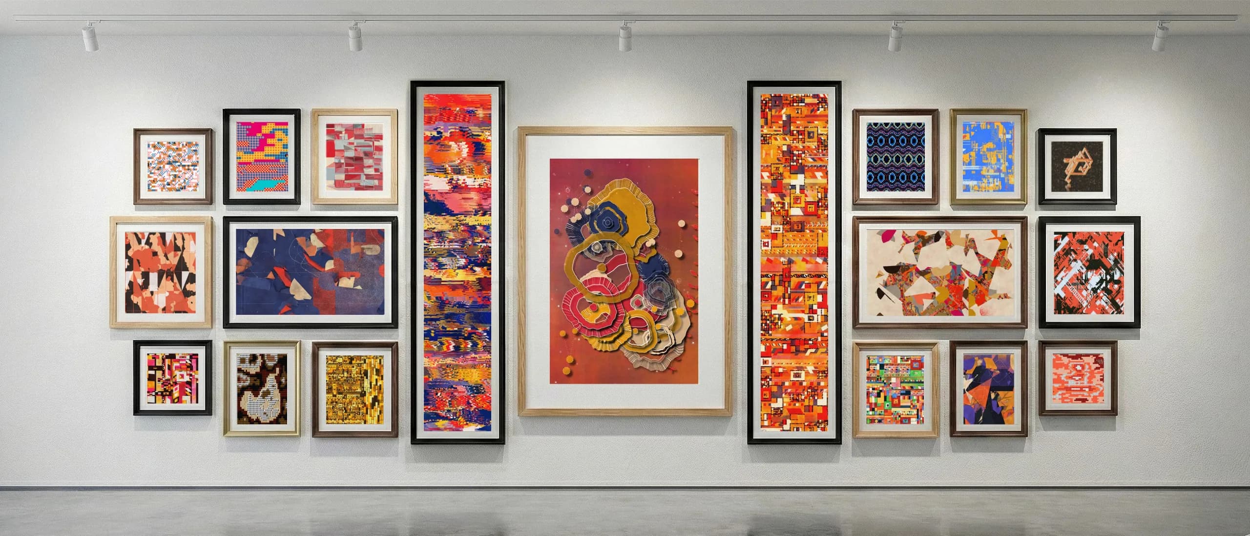 A wall hung with RalenArc's generative and physical works